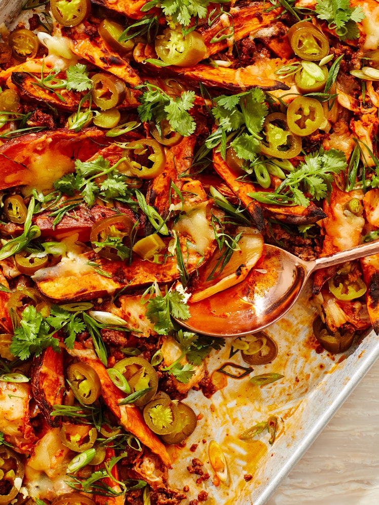 Beefy Cheesy Sweet Potatoes With Kimchi